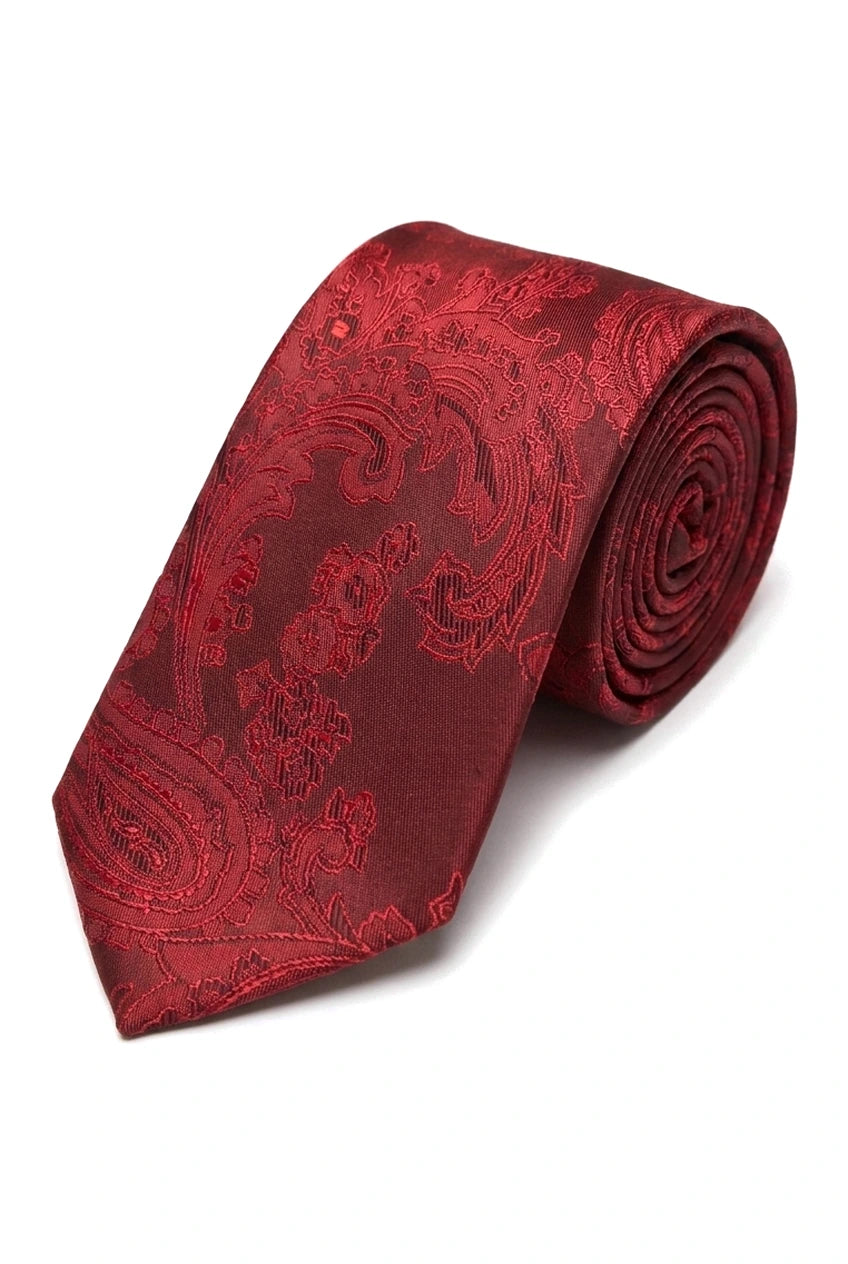 Cravate rouge à motif cachemire, coffret cadeau avec pochette, boutons de manchette et cravate en satin fleuri