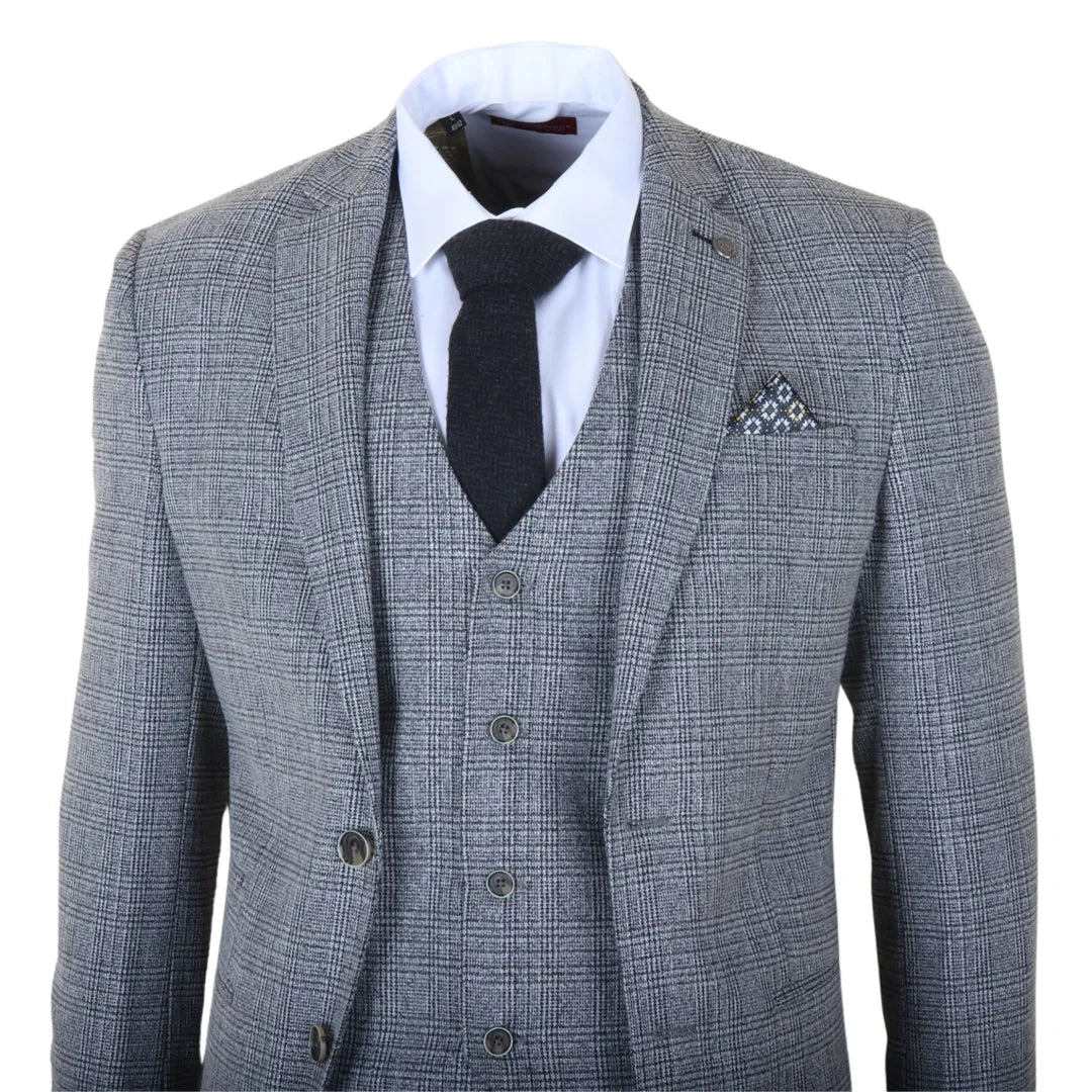 Costume trois pièces pour homme, gris à carreaux classiques, coupe ajustée