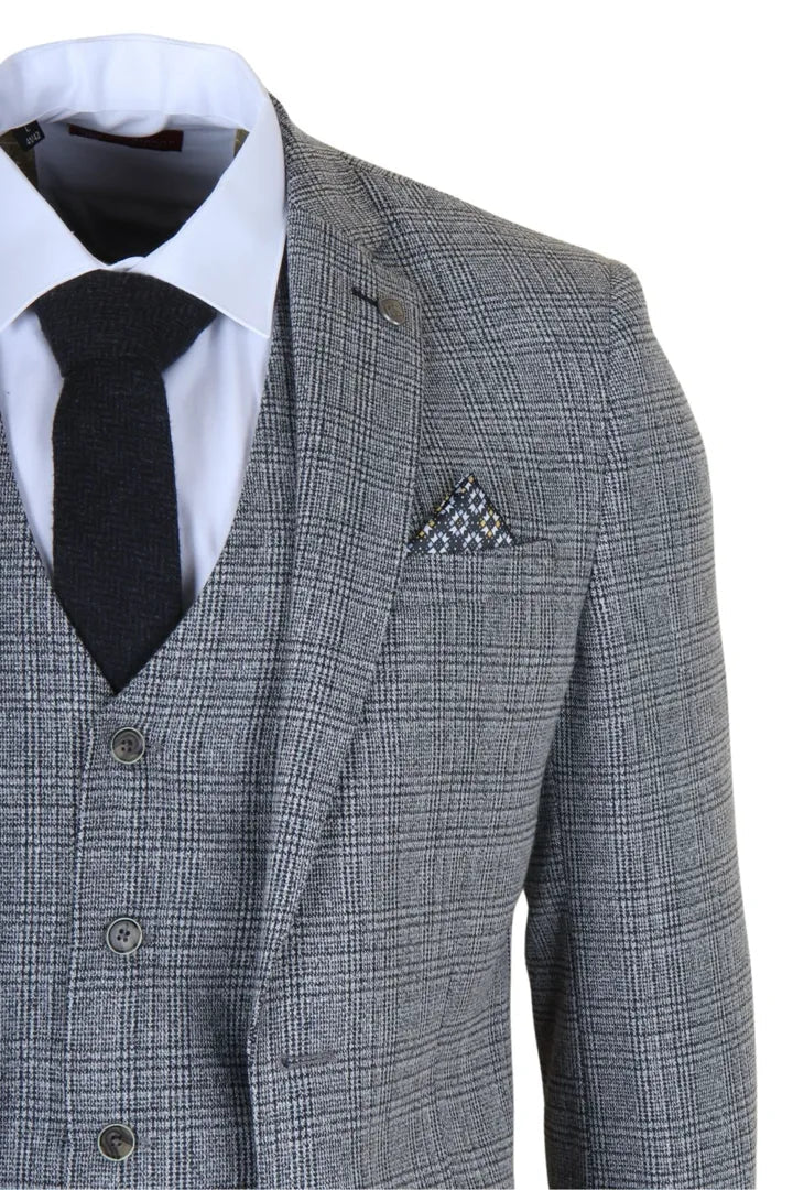 Costume trois pièces pour homme, gris à carreaux classiques, coupe ajustée
