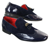 Patron 239-10 Mens Slip On Tassel Driving Shoes Shiny Black Patent Leather PU Suede Loafers