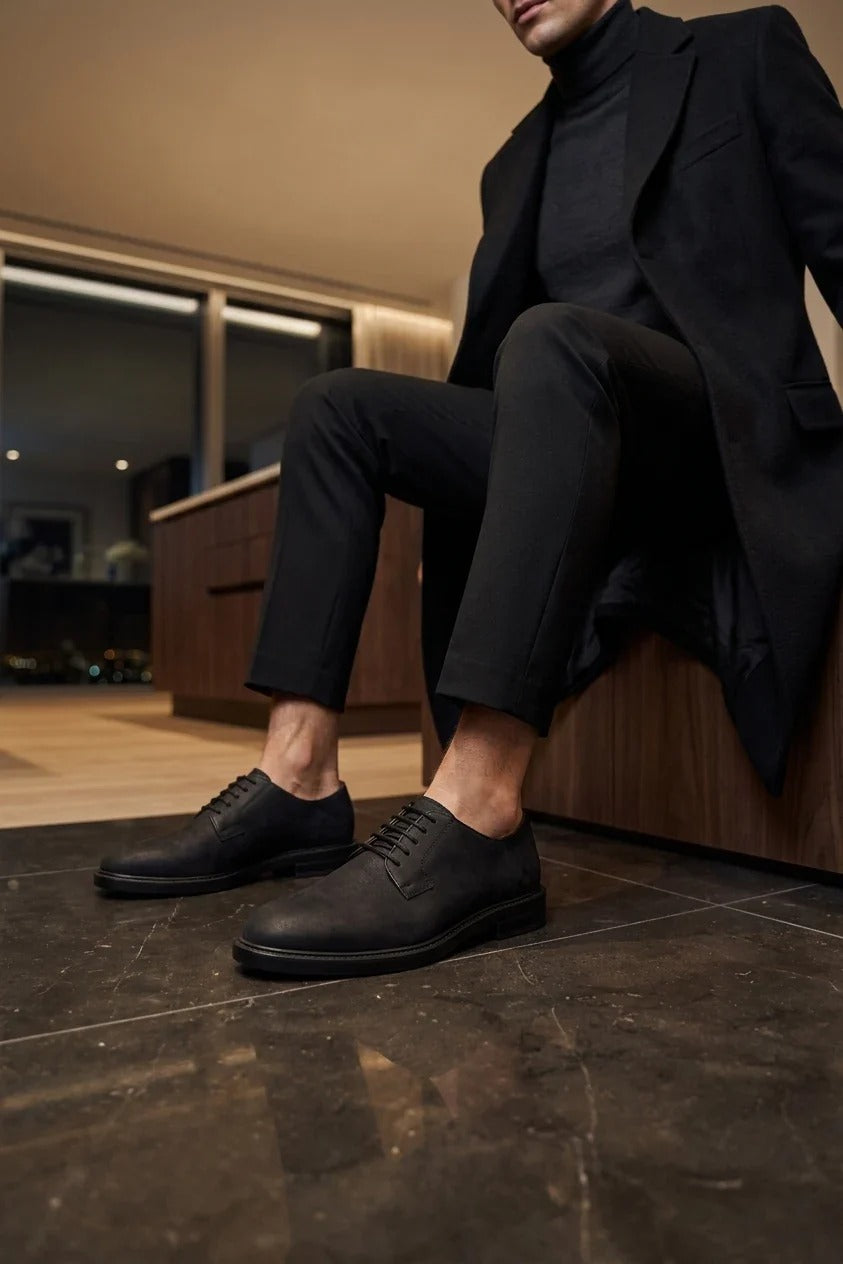 Pedro - Chaussures Derby à lacets en daim noir mat pour homme