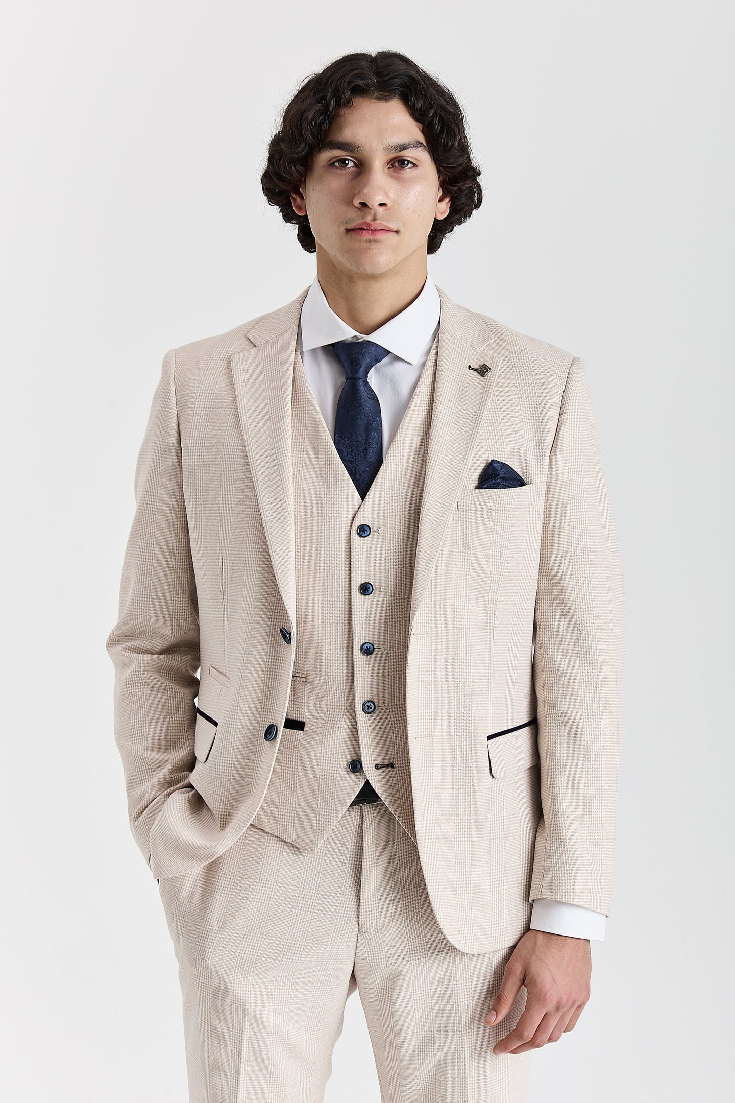 Regent - Costume de mariage trois pièces à carreaux crème pour homme