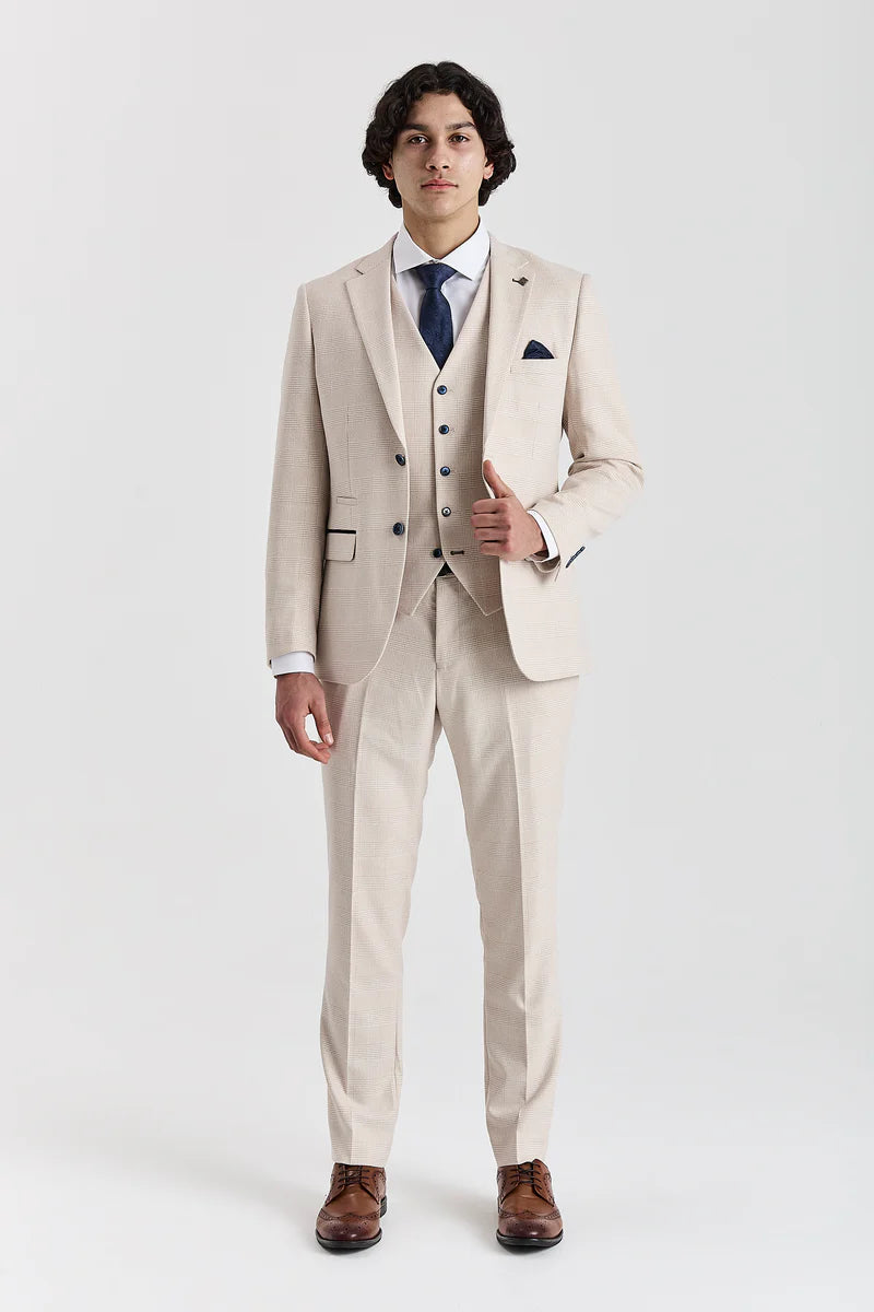 Regent - Costume de mariage trois pièces à carreaux crème pour homme
