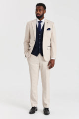 Costume à carreaux crème Regent avec gilet contrastant bleu marine Regent