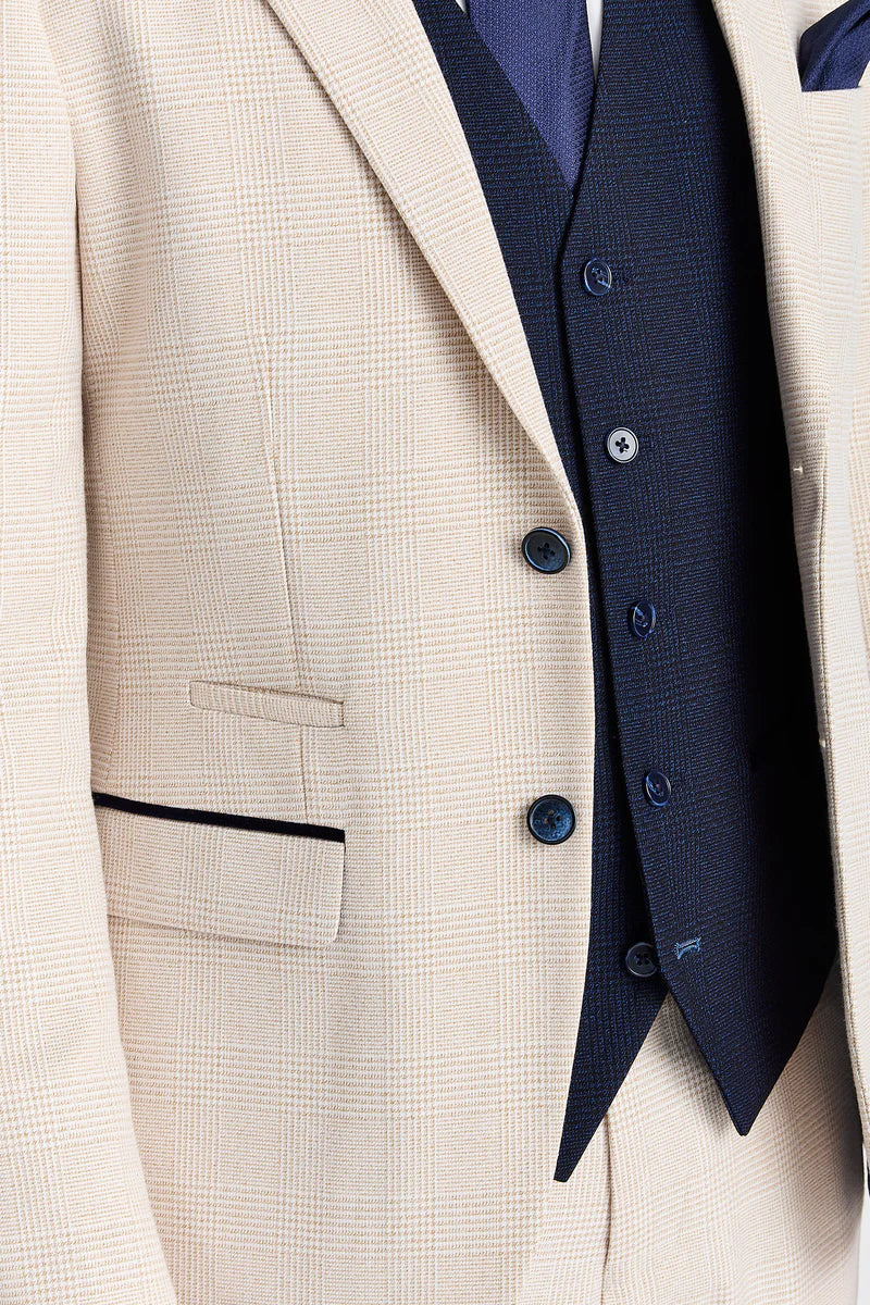 Costume à carreaux crème Regent avec gilet contrastant bleu marine Regent