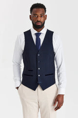 Costume à carreaux crème Regent avec gilet contrastant bleu marine Regent