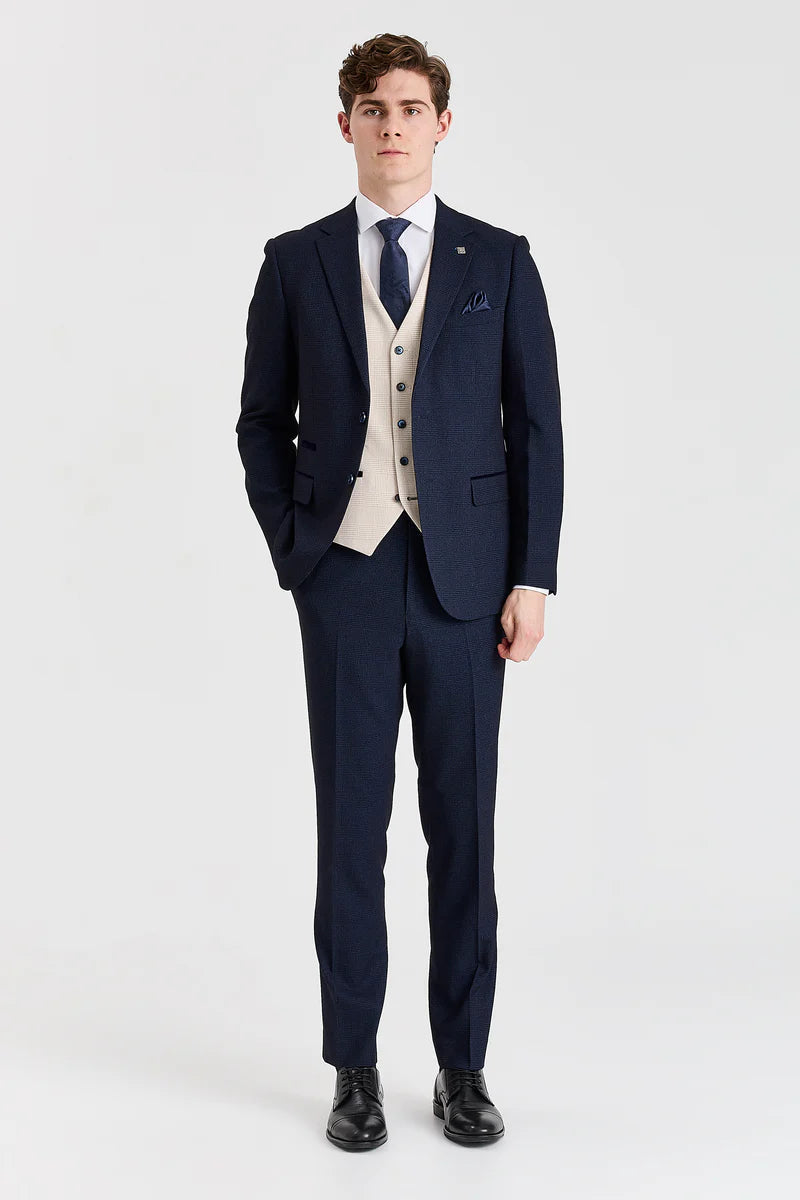 Costume à carreaux bleu marine Regent avec gilet crème Regent contrastant