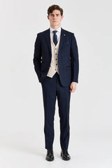Costume à carreaux bleu marine Regent avec gilet crème Regent contrastant