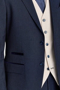 Costume à carreaux bleu marine Regent avec gilet crème Regent contrastant