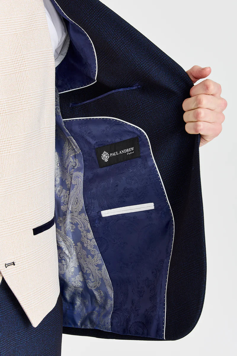 Costume à carreaux bleu marine Regent avec gilet crème Regent contrastant