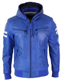 Men's Realy Leather Bomber Jacket with Hood-Blue