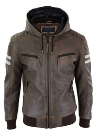 Men's Real Leather Bomber Jacket with Hood-Brown