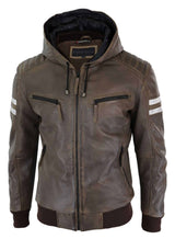 Men's Real Leather Bomber Jacket with Hood-Brown