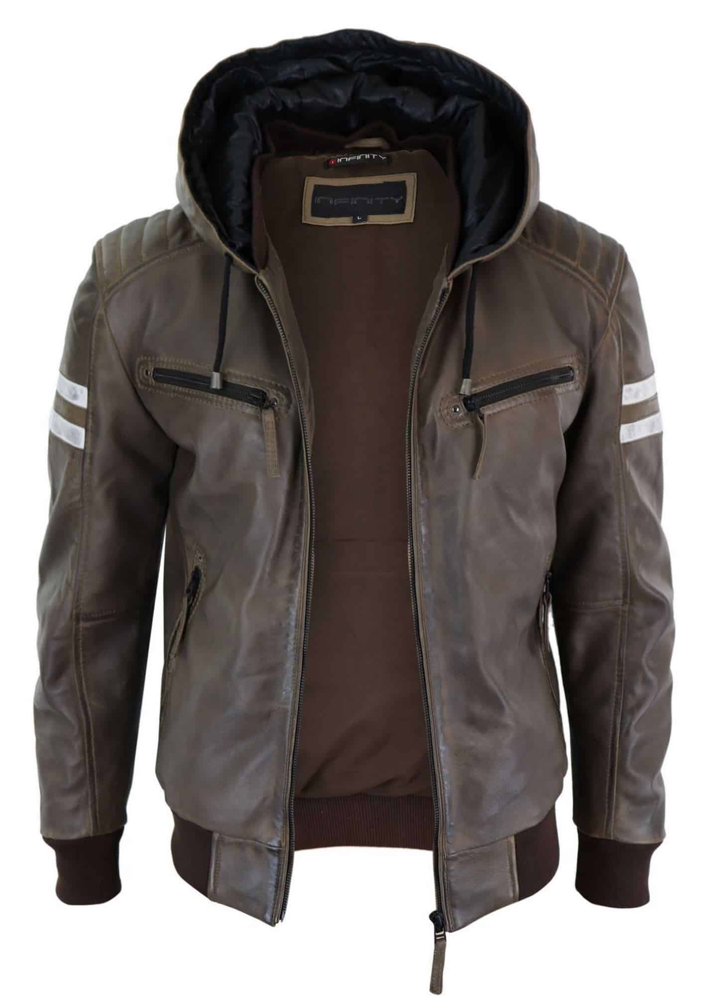 Men's Real Leather Bomber Jacket with Hood-Brown