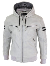 Men's Real Leather Bomber Jacket with Hood-White