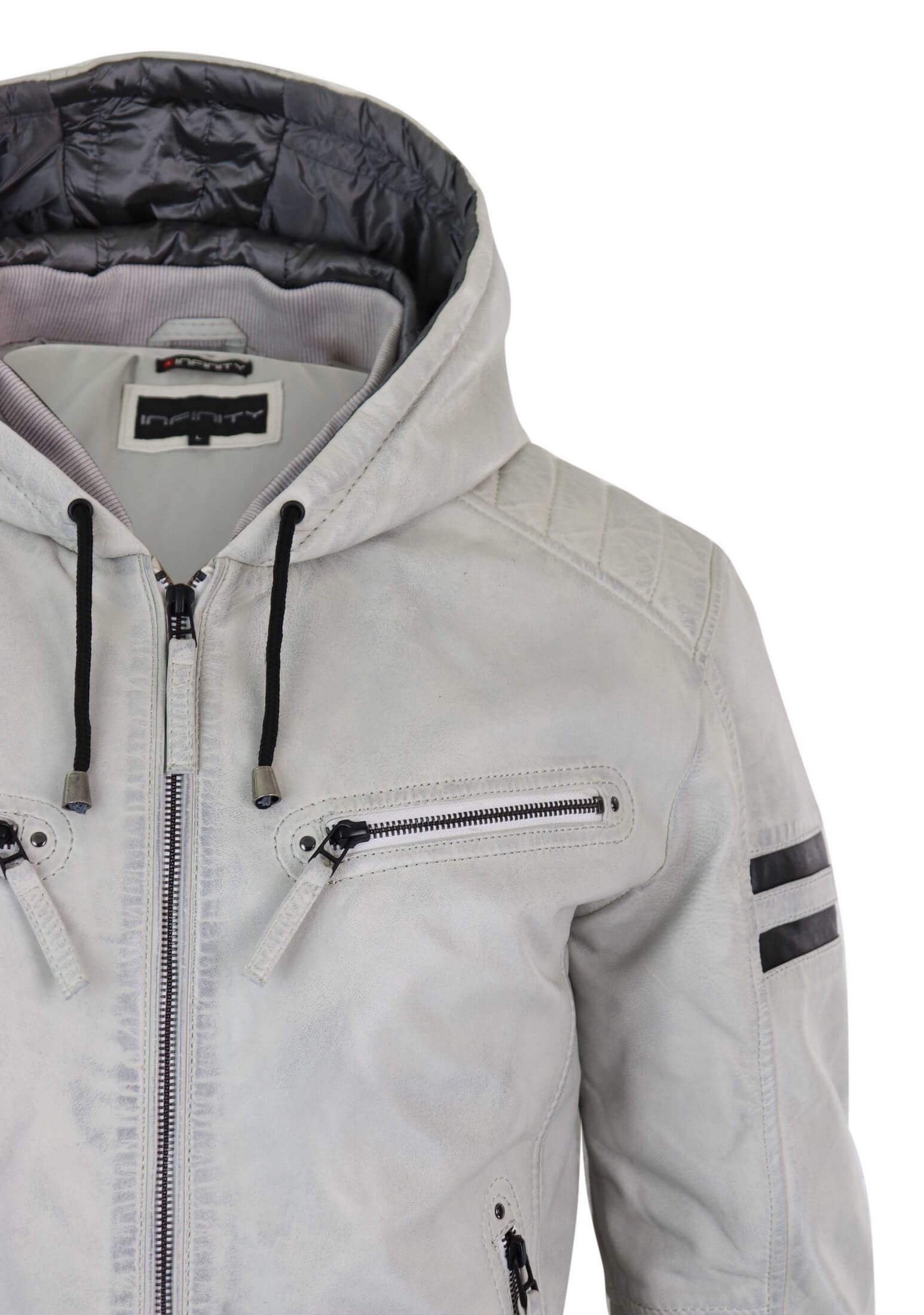 Men's Real Leather Bomber Jacket with Hood-White