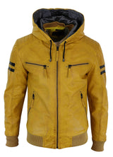 Men's Real Leather Bomber Jacket with Hood-Yellow