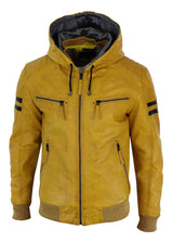 Men's Real Leather Bomber Jacket with Hood-Yellow