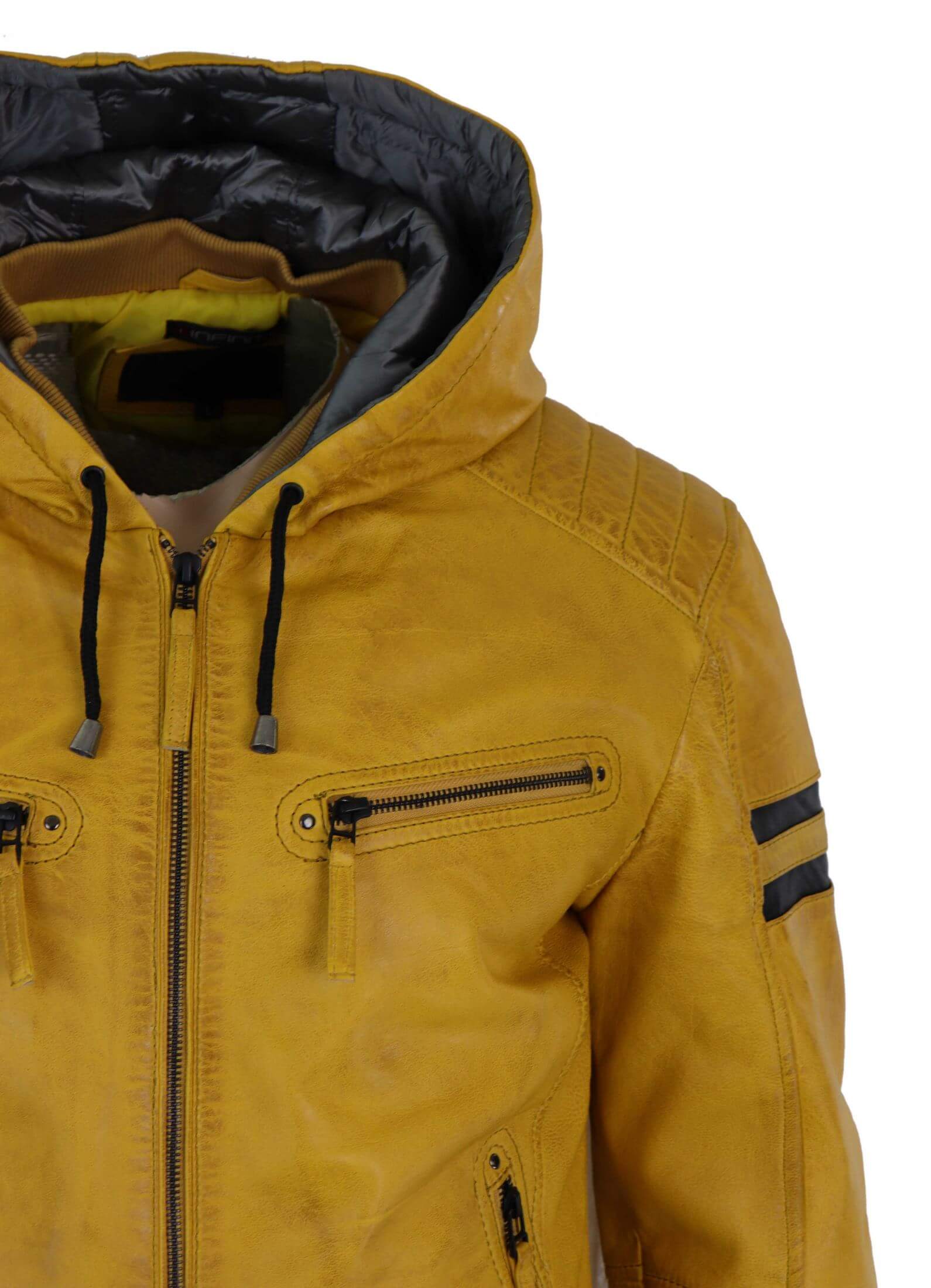 Men's Real Leather Bomber Jacket with Hood-Yellow