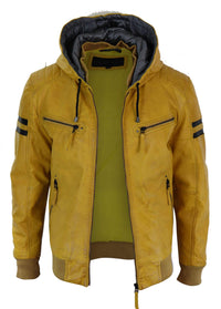 Men's Real Leather Bomber Jacket with Hood-Yellow