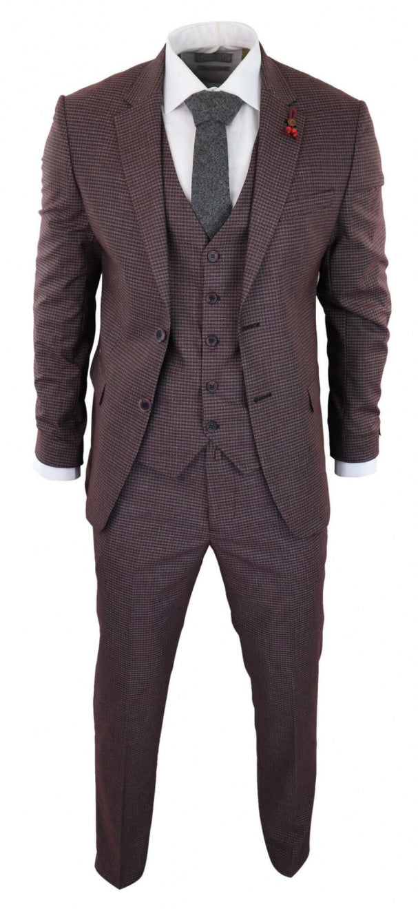 Burgundy-Grey Sheppard's Check 3 Piece Suit - RK20-10