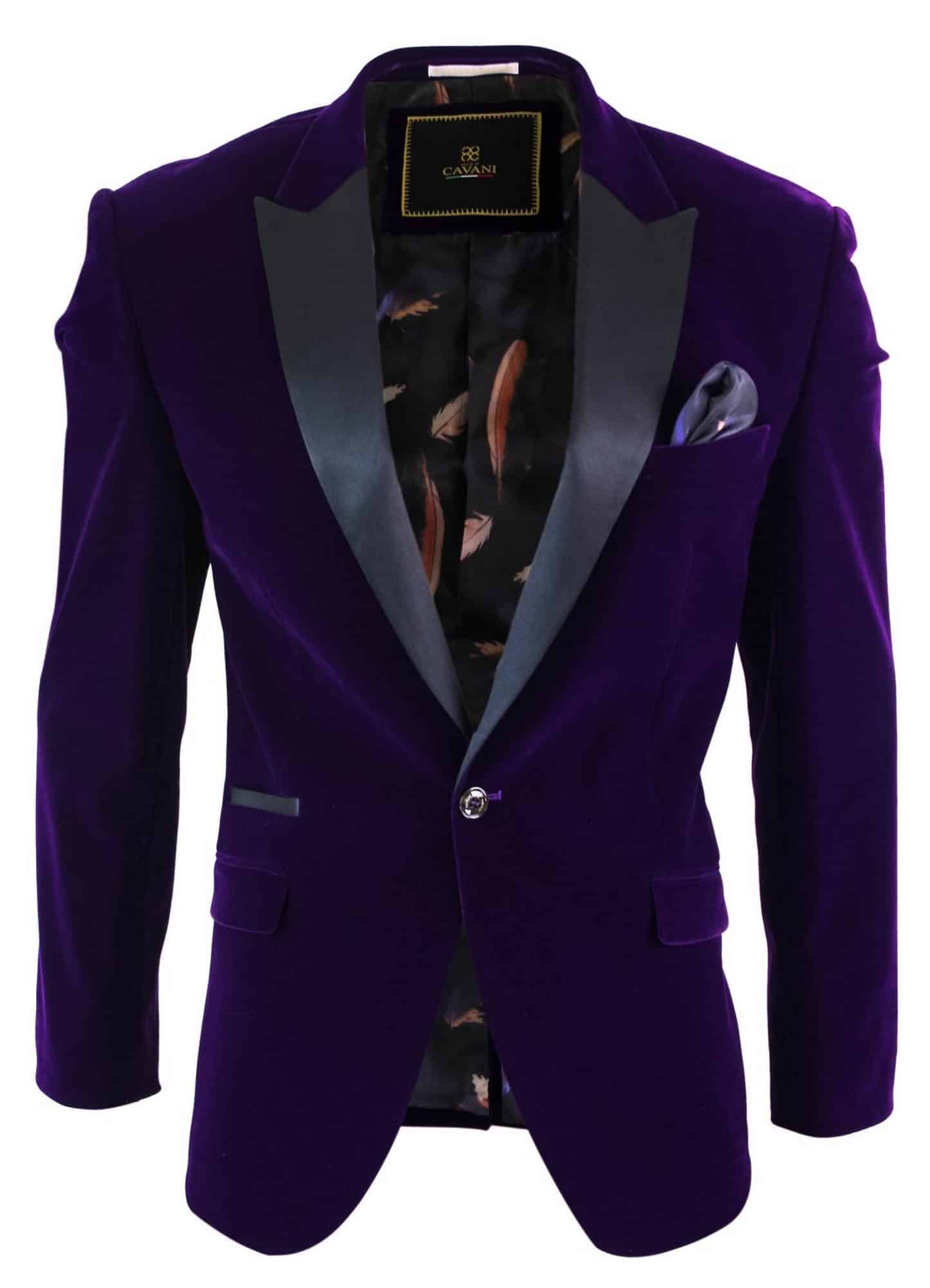 Cavani Rosa - Mens Soft Velvet Black Navy 1 Button Dinner Jacket Tuxedo Blazer Smart Casual Fit-Purple