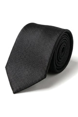 Cravate noire texturée en satin de soie, coffret cadeau avec pochette, boutons de manchette et cravate en satin mat.