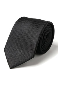 Cravate noire texturée en satin de soie, coffret cadeau avec pochette, boutons de manchette et cravate en satin mat.