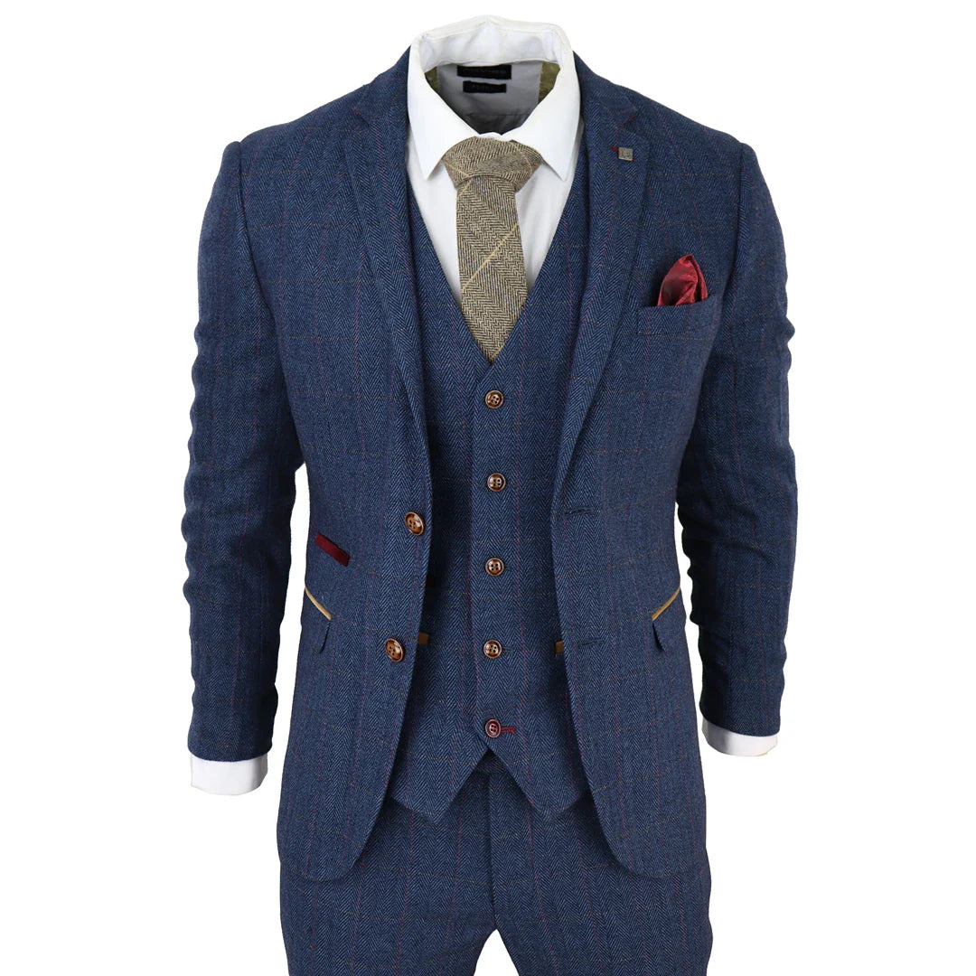 Scott Men's Blue 3-Piece Tweed Check Suit