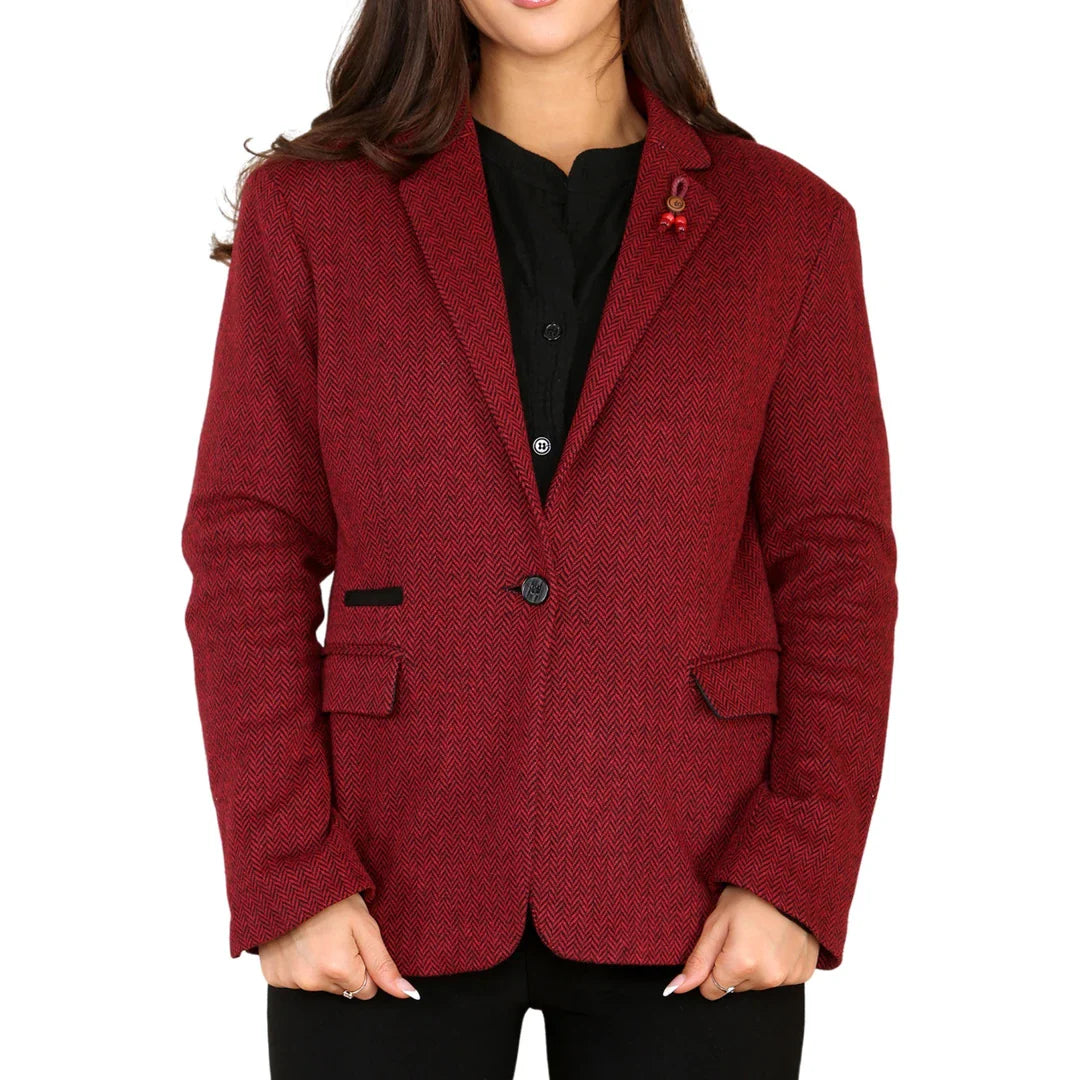 Veste blazer en tweed à chevrons pour femme, rouge bordeaux, style classique des années 1920