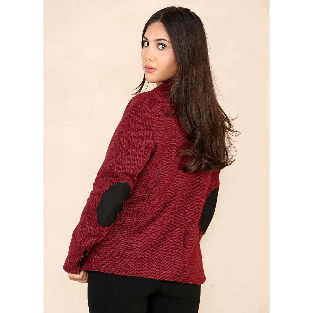 Veste blazer en tweed à chevrons pour femme, rouge bordeaux, style classique des années 1920