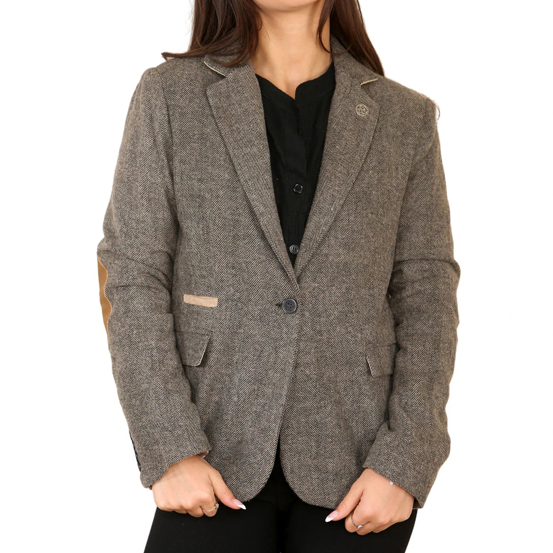Blazer classique en tweed à chevrons pour femme, marron chêne