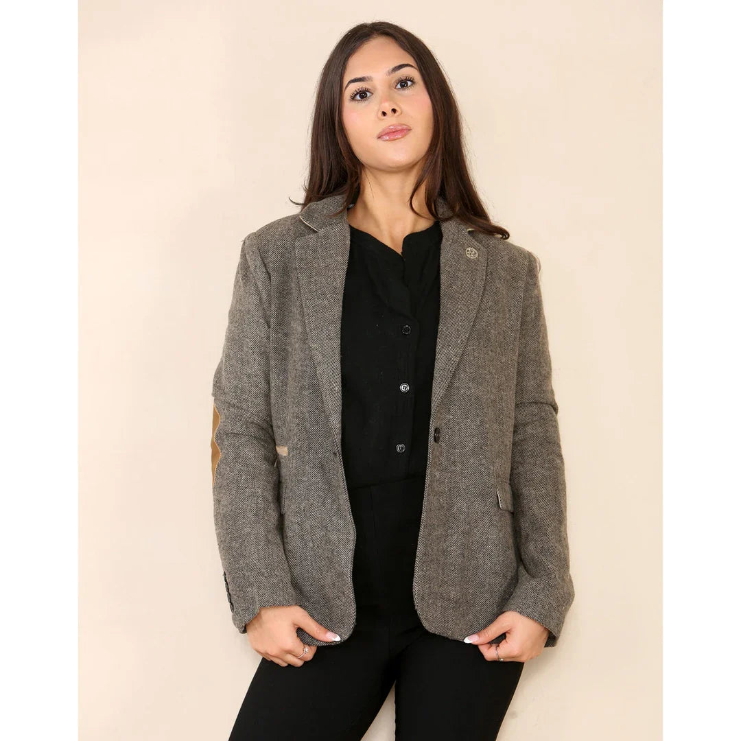 Blazer classique en tweed à chevrons pour femme, marron chêne