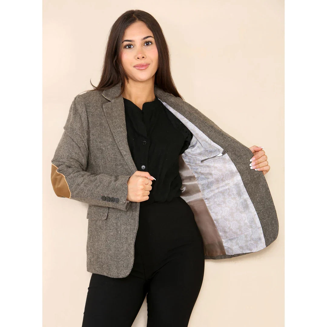 Blazer classique en tweed à chevrons pour femme, marron chêne
