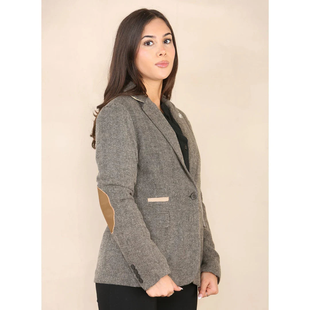 Blazer classique en tweed à chevrons pour femme, marron chêne