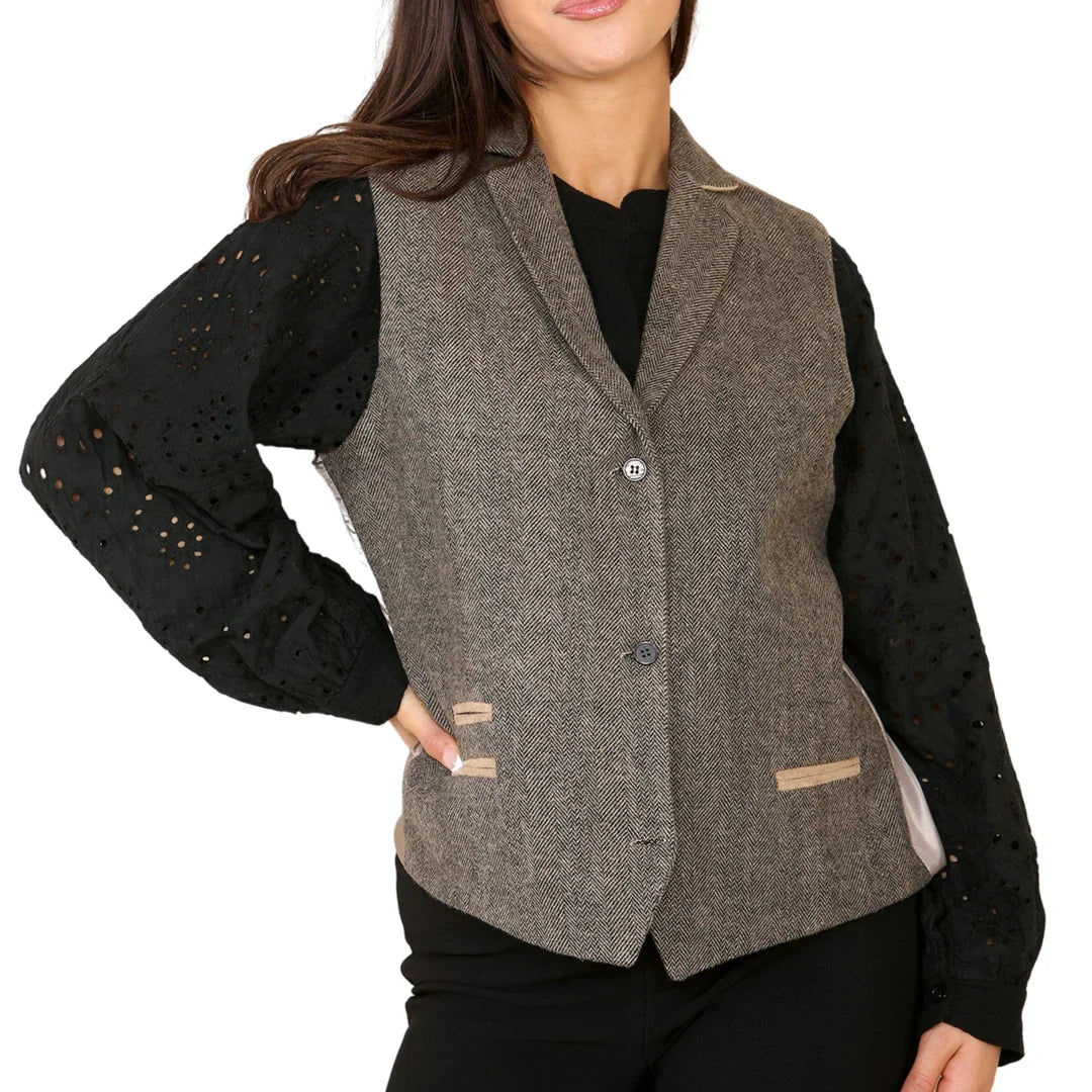 Gilet en tweed à chevrons pour femme, marron chêne classique