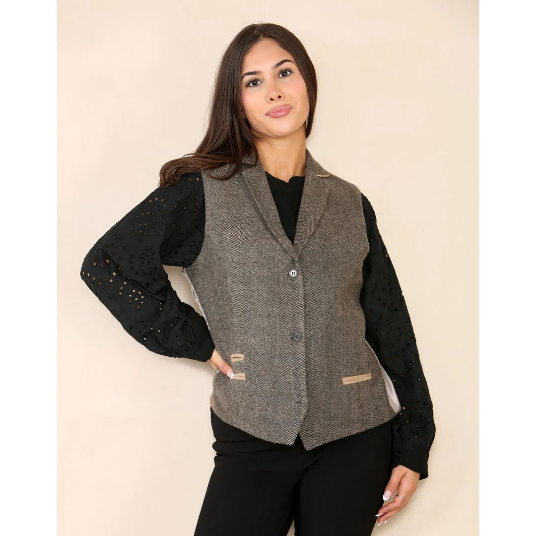 Gilet en tweed à chevrons pour femme, marron chêne classique