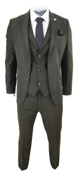 Mens Olive Green Wool Tweed 3 Piece Suit - STZ11