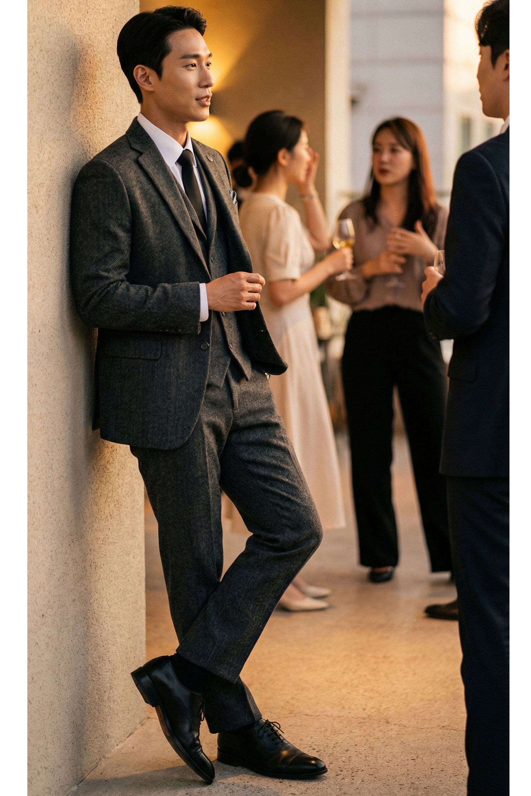 Costume trois pièces en tweed à chevrons gris anthracite pour homme - STZ11
