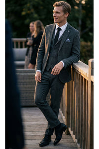 Costume trois pièces en tweed à chevrons gris anthracite pour homme - STZ11
