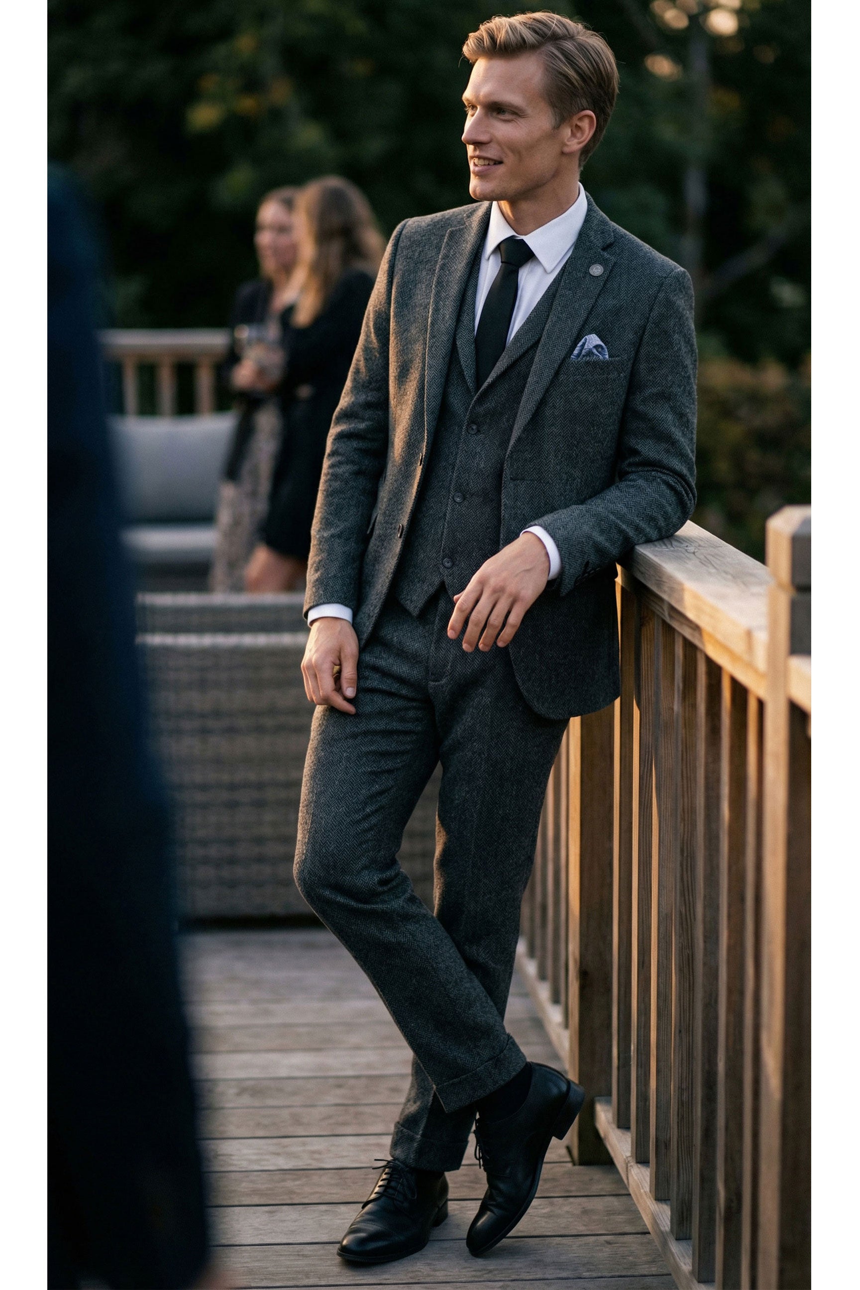 Costume trois pièces en tweed à chevrons gris anthracite pour homme - STZ11