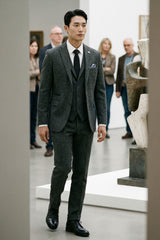 Costume trois pièces en tweed à chevrons gris anthracite pour homme - STZ11