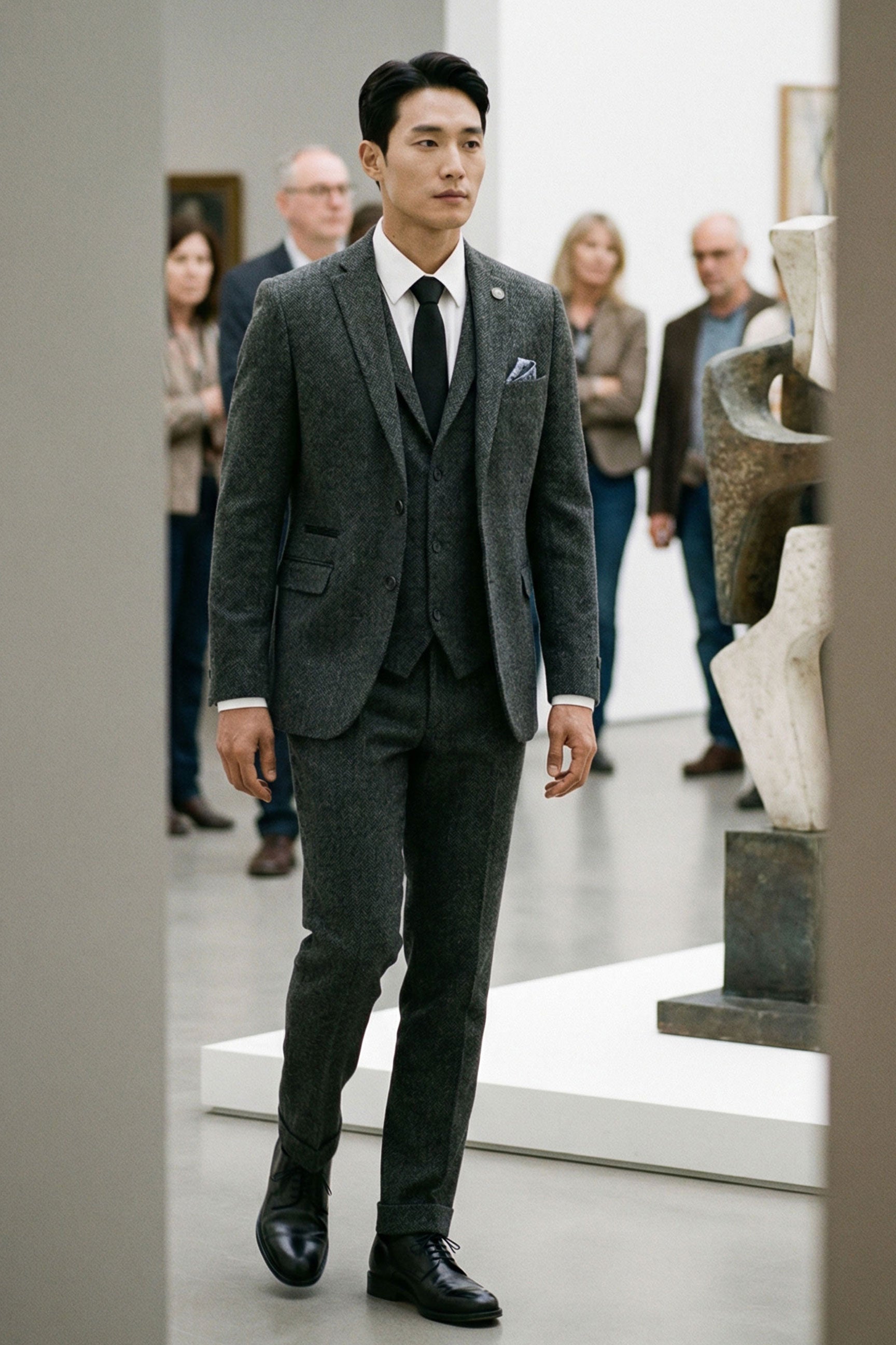 Costume trois pièces en tweed à chevrons gris anthracite pour homme - STZ11