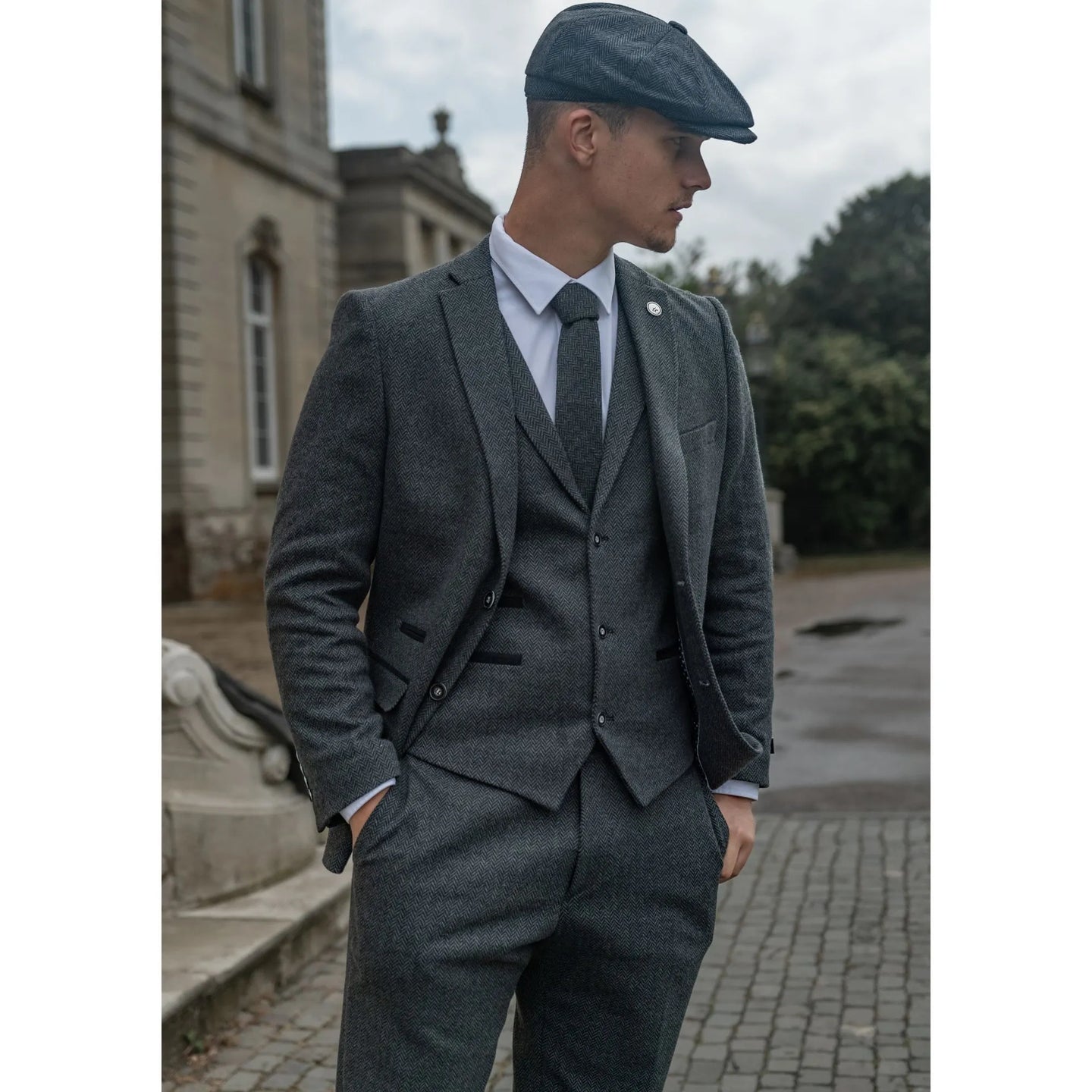 Costume trois pièces en tweed à chevrons gris anthracite pour homme - STZ11