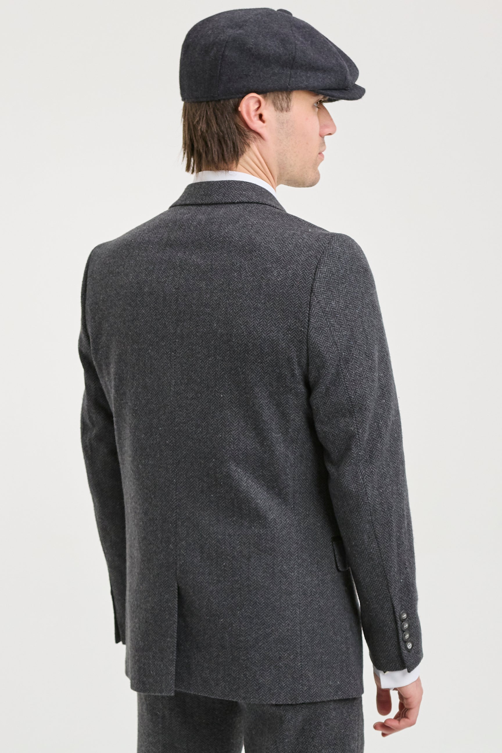 Costume trois pièces en tweed à chevrons gris anthracite pour homme - STZ11