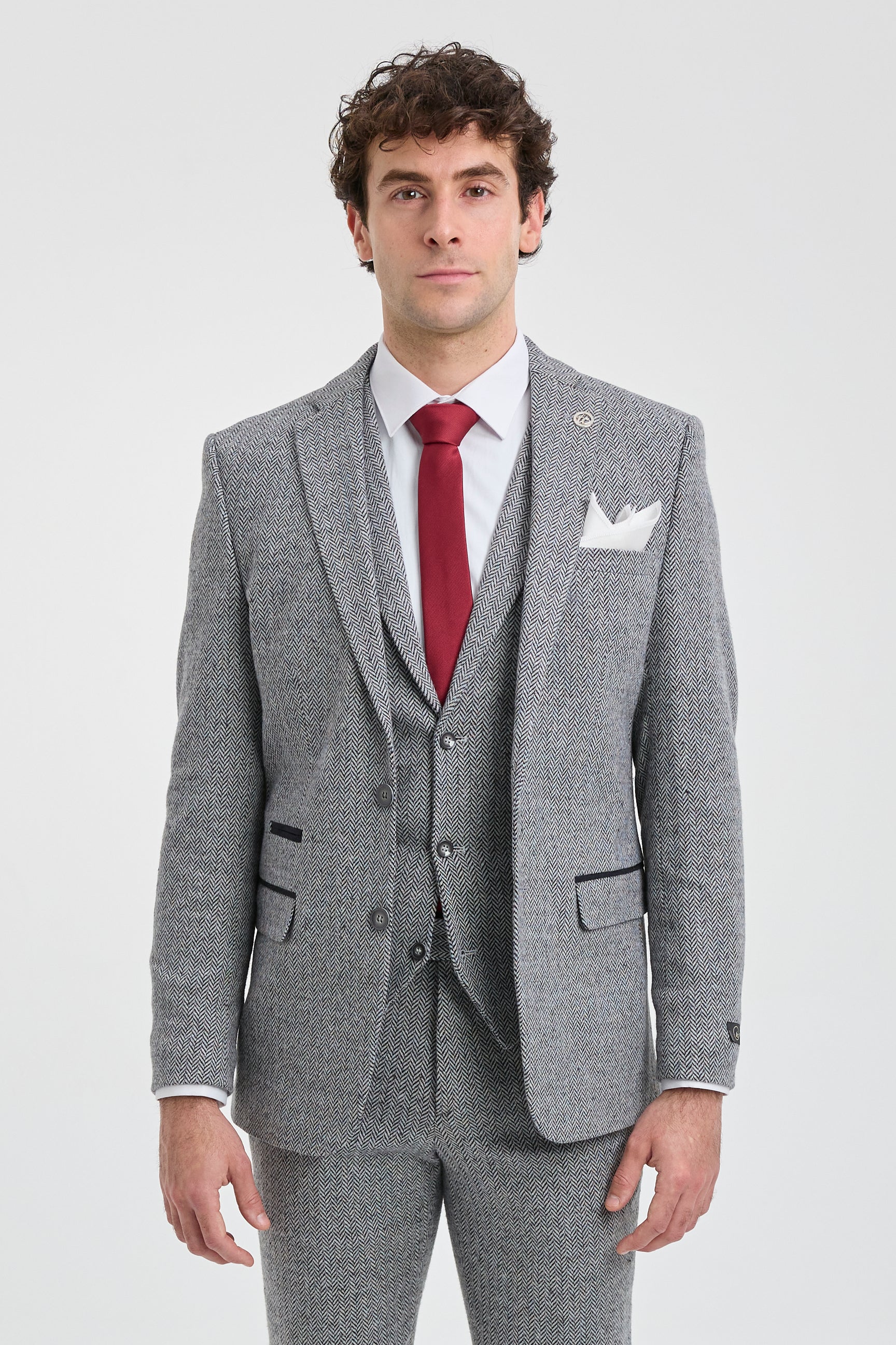 Costume trois pièces en tweed à chevrons gris clair pour homme - STZ11