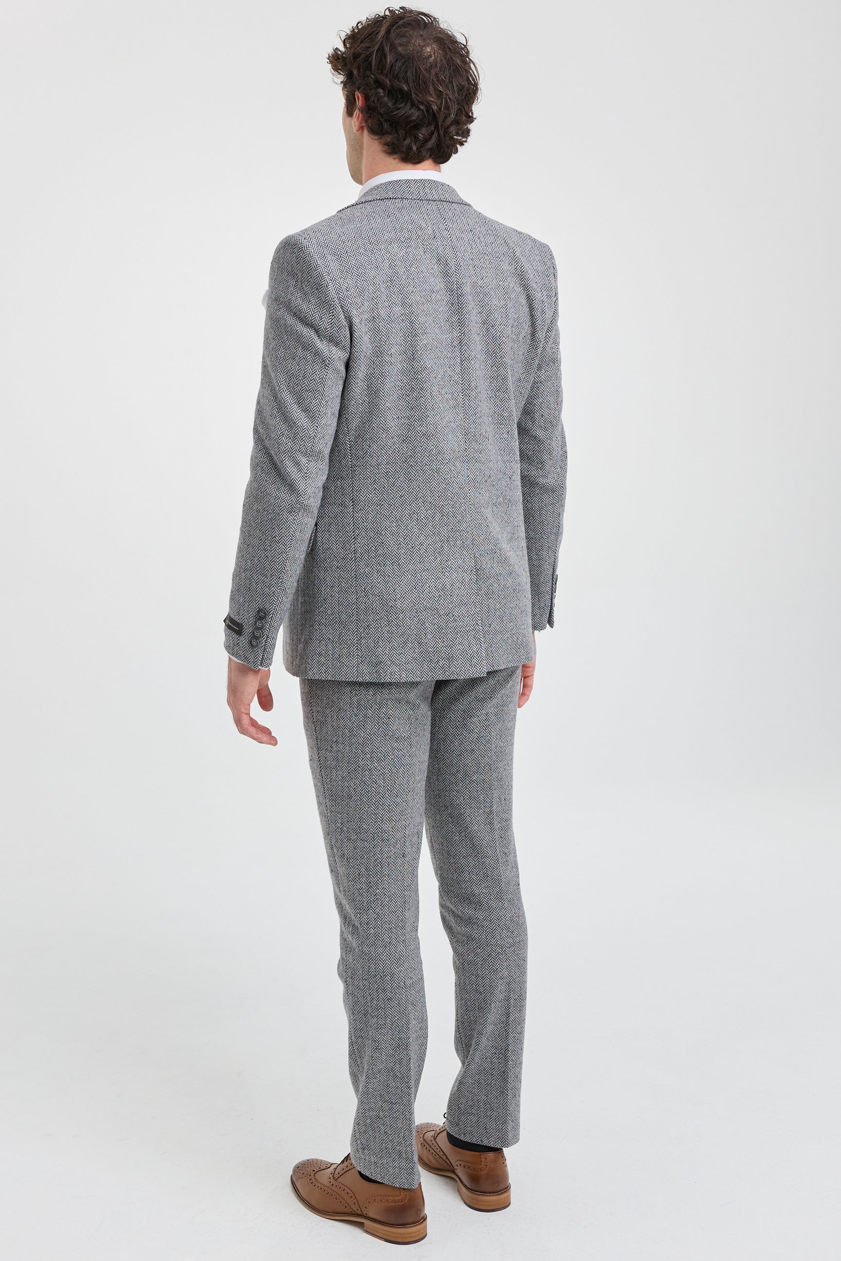 Costume trois pièces en tweed à chevrons gris clair pour homme - STZ11