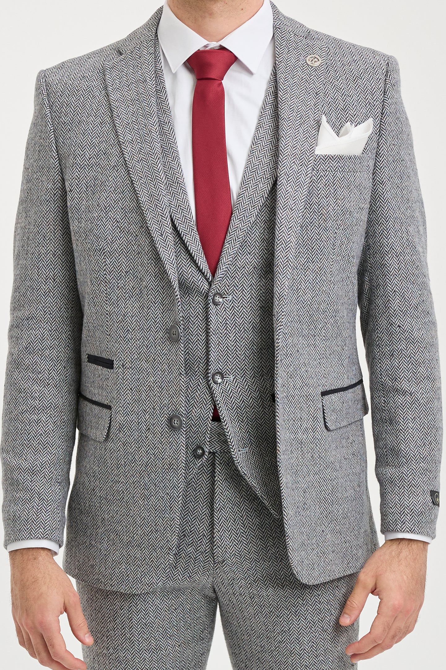 Costume trois pièces en tweed à chevrons gris clair pour homme - STZ11