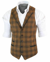 Mens Waistcoat Wool Tan Brown Check Tweed Classic Vintage Tailored Fit