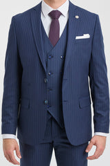 Costume trois pièces à fines rayures bleu marine pour homme